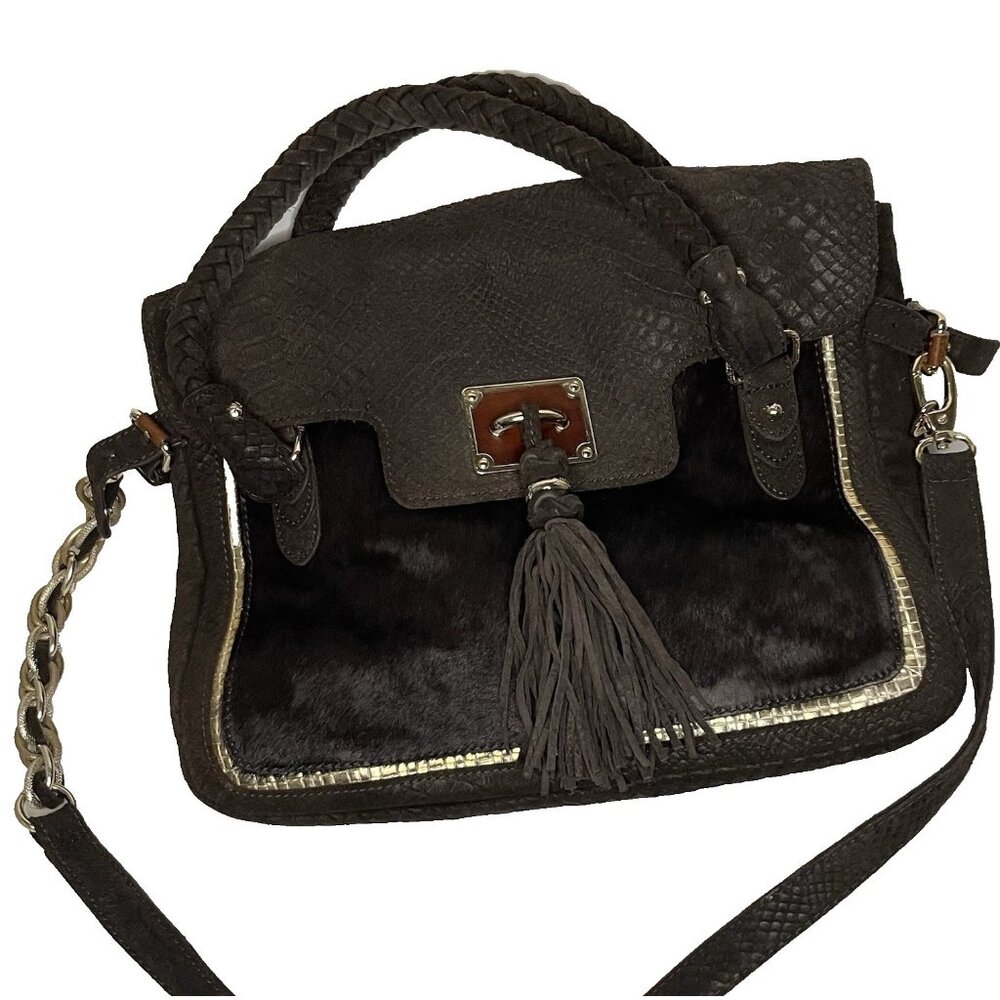 Vintage Elliott Lucca Leather Shoulder Bag XL Cow Hair Satchel Expresso Brown